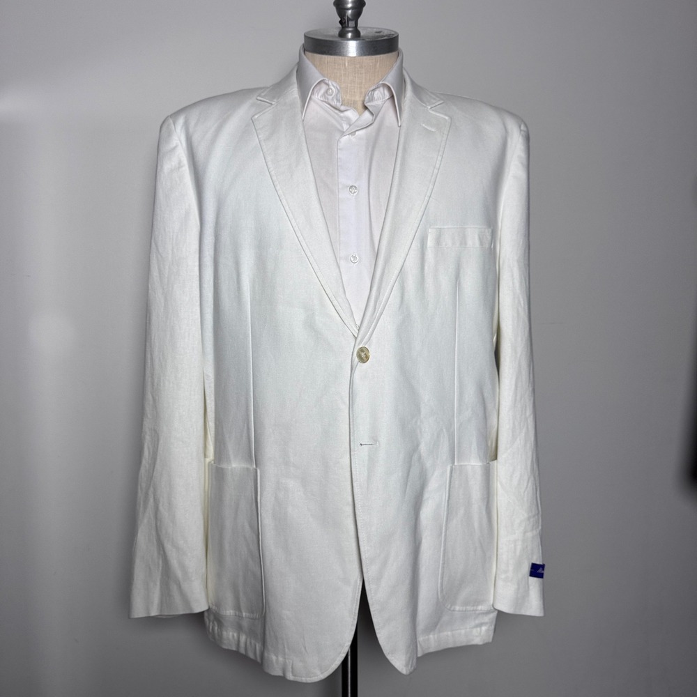 Alan Flusser Sport Coat Mens XXL‎ White Solid Linen Blend 2-Button Blazer ALEX1